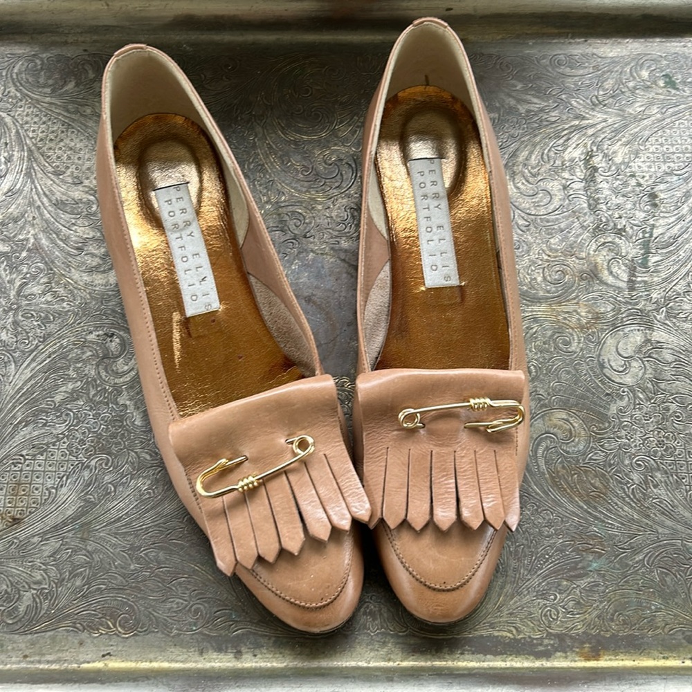 Perry Ellis Nude Fringe Loafers with Gold Accent